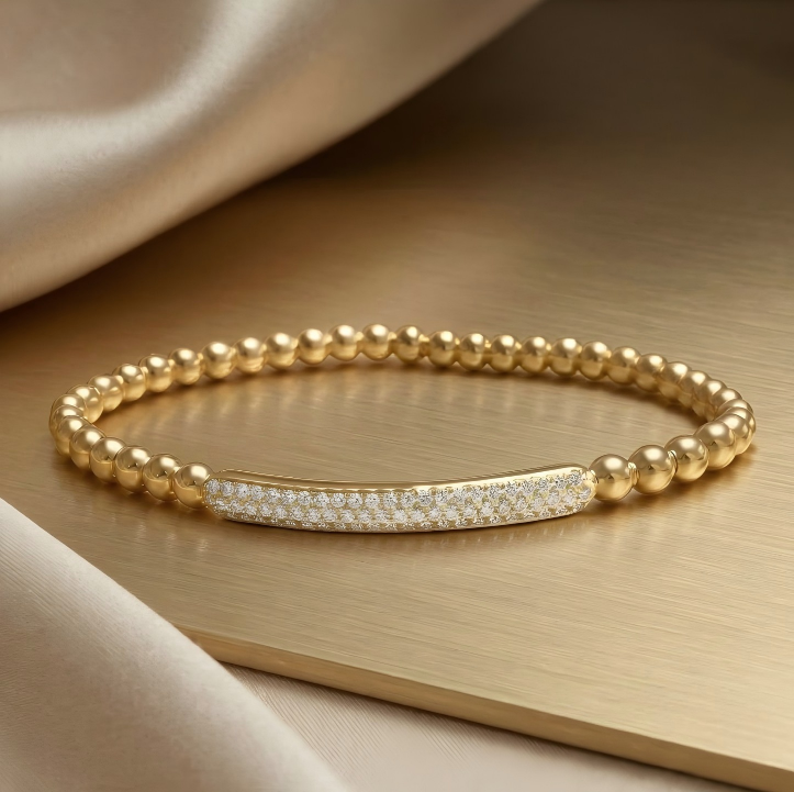 Gold-Plated Beaded Bangle with Crystal Bar