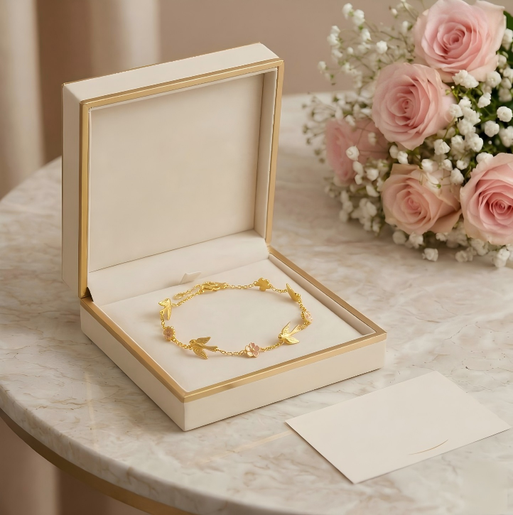Gold-Plated Bird and Flower Charm Bracelet